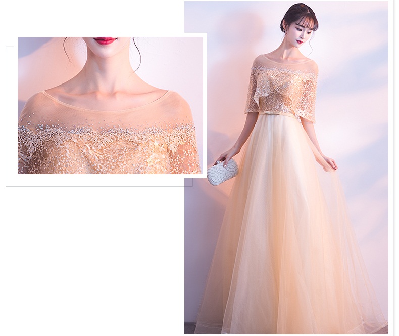 ชุดราตรียาวแขนระบายแต่งด้วยผ้าลูกไม้ปักมุกกระโปรงตาข่ายสวยหรู (เชือกผูกหลัง)