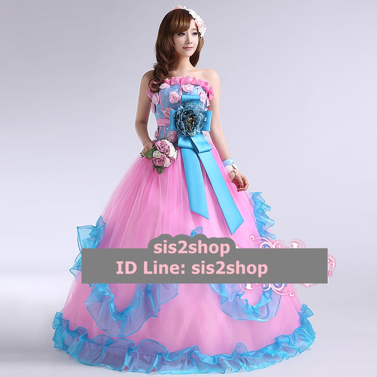 พร้อมเช่า ชุดแฟนซี ชุดราตรี สีฟ้า เกาะอก ไหล่เดียว แต่งดอกช่วงอกและเอว เชือกผูกหลัง กระโปรงพองสวย สไตล์เจ้าหญิง