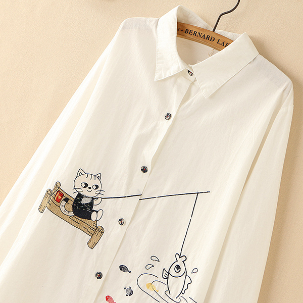 เดรสเชิ้ตแฟชั่นญี่ปุ่น แขนยาว ปักลายแมวตกปลา (12300LM)