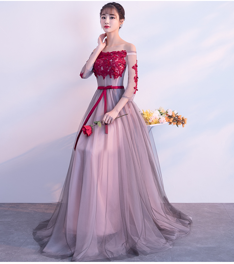 ชุดแฟนซีชุดราตรียาวแบบไหล่ปาดแขนยาวผ้าตาข่ายเชือกผูกหลัง