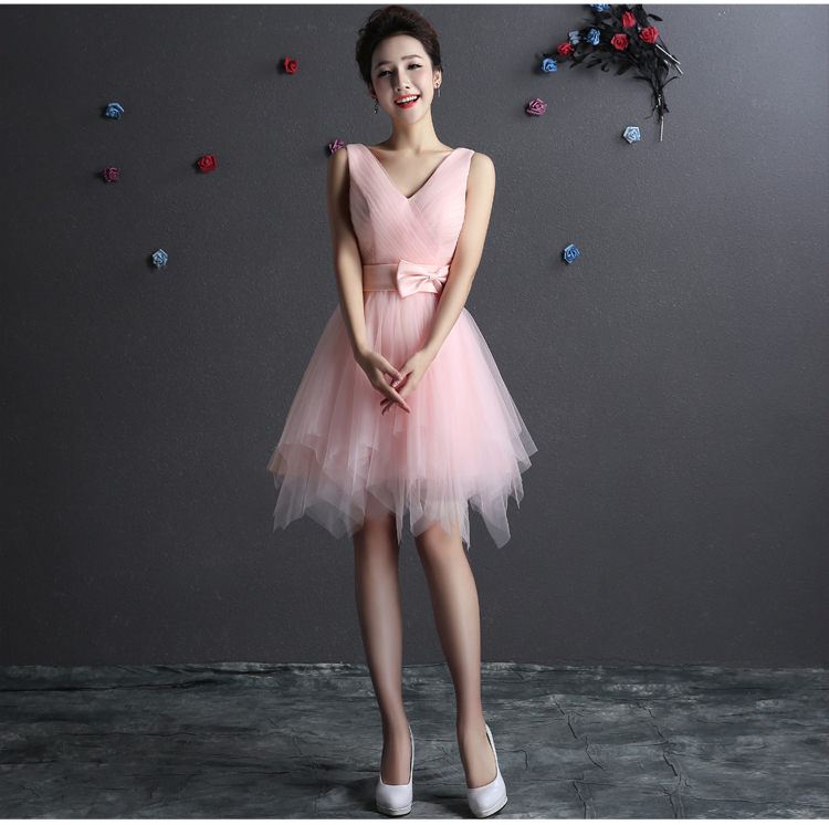 Pro-order ชุดราตรีสั้น แขนกุด คอวี จับจีบช่วงอก กระโปรงตาข่าย เชือกผูกหลัง ไซส์ใหญ่ XS-4XL