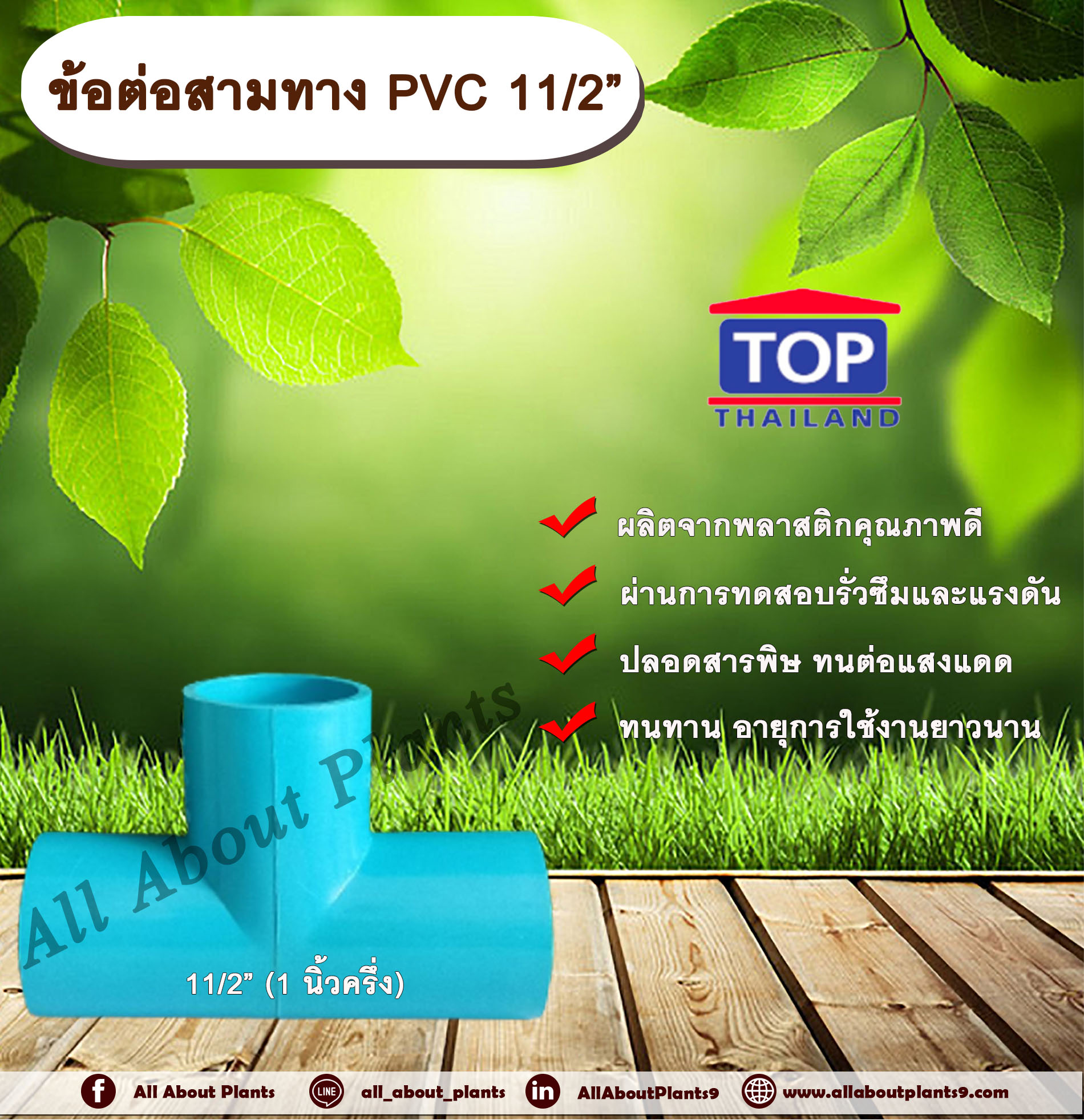 ข้อต่อสามทาง PVC ตรา TOP 11/2”(1นิ้วครึ่ง) ข้อต่อสามทางท่อPVC ขนาด 1นิ้วครึ่ง allaboutplants ชิ้น