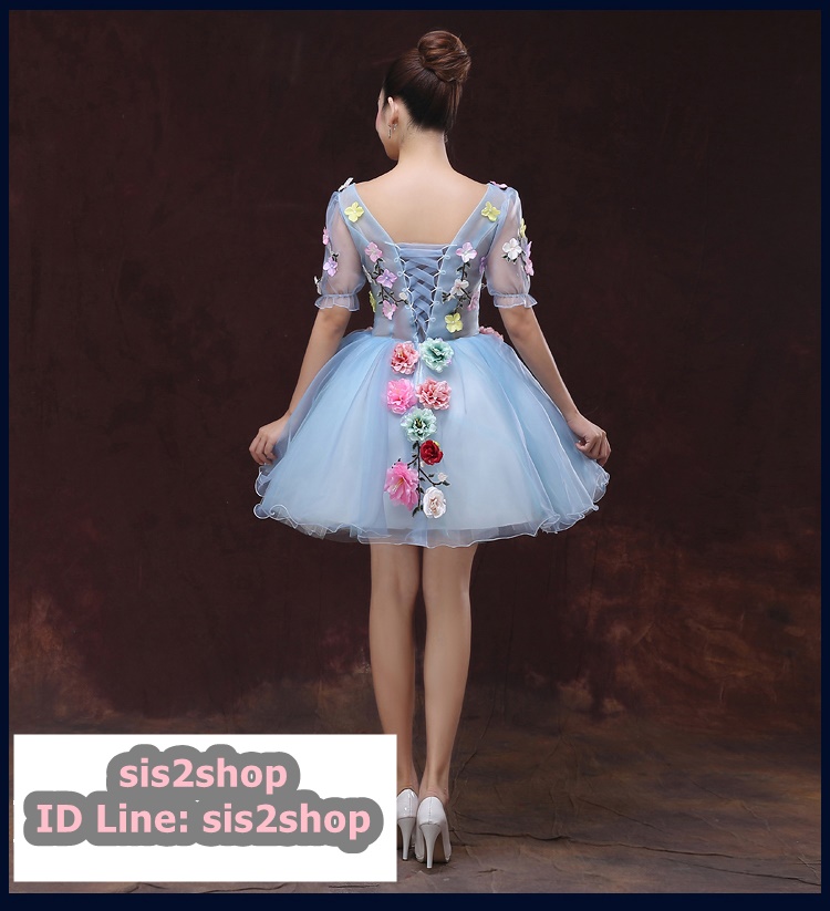 พร้อมเช่า ชุดแฟนซีสั้น สีฟ้า แขนยาว แต่งดอก Fairy สไตล์เจ้าหญิง กระโปรงพองสวยชายย้วย เชือกผูกหลัง