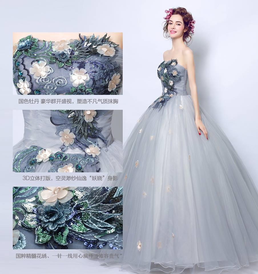 Pre-order ชุดแฟนซี ชุดราตรียาว เกาะอก สีน้ำเงิน แต่งดอกช่วงอกและเอว กระโปรงพองสวย สไตล์เจ้าหญิง