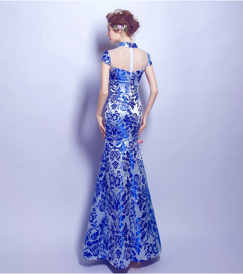 Pre-order ชุดแฟนซี ชุดราตรียาว คอจีน สีน้ำเงิน ทรงหางปลา สวยหรู