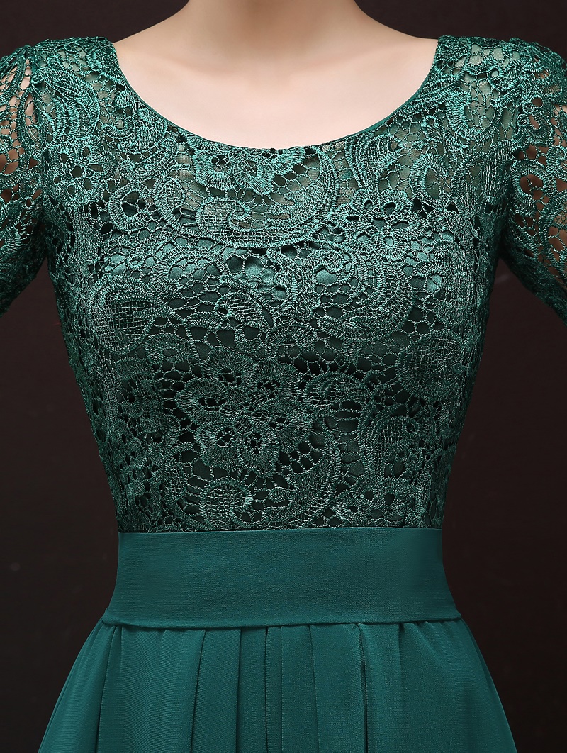 พร้อมส่ง ชุดราตรียาว สีเขียว แขนสามส่วน ลูกไม้ฉลุ กระโปรงผ้าชีฟอง