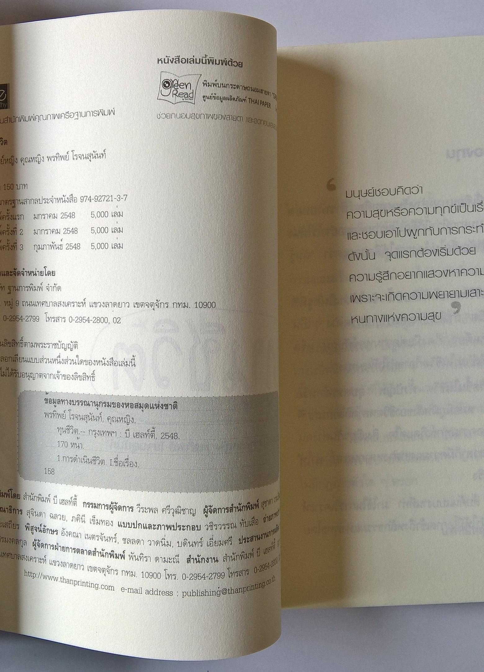 หนังสือแนวพัฒนาแนวตวามคิด "ทุนชีวิต" ดิด พูด ทำ ด้วยธรรมะ สะสมกรรมดี สร้างสุขยั่งยืนในชีวิต บทความส่งเสริมสุขภาพใจจากปลายปากกาของ แพทย์หญิง คุณหญิง พรทิพย์ โรจนสุนันท์ พิมพ์ครั้งที่ 3 กุมภาพันธ์ 2548