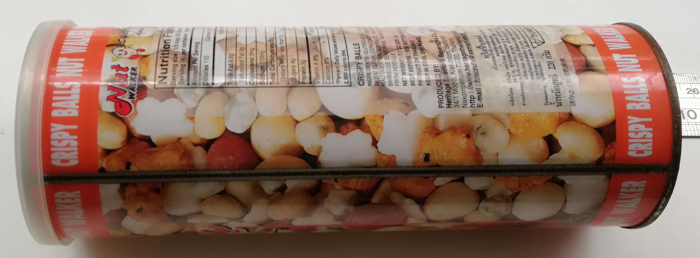 ของสะสม กล่องสังกะสี (กล่องโลหะ) กระป๋องถั่วรวม NUT WALKER,CRISPY BALLS กระป๋องทรงกระบอกสีส้ม ลายถั่ว เส้นผ่าศุนย์กลางประมาณ 3" ความสูงประมาณ 8" พร้อมฝา