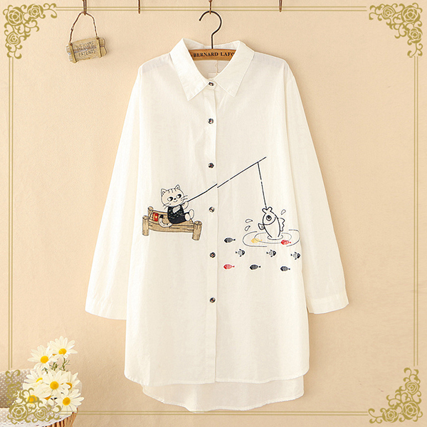 เดรสเชิ้ตแฟชั่นญี่ปุ่น แขนยาว ปักลายแมวตกปลา (12300LM)