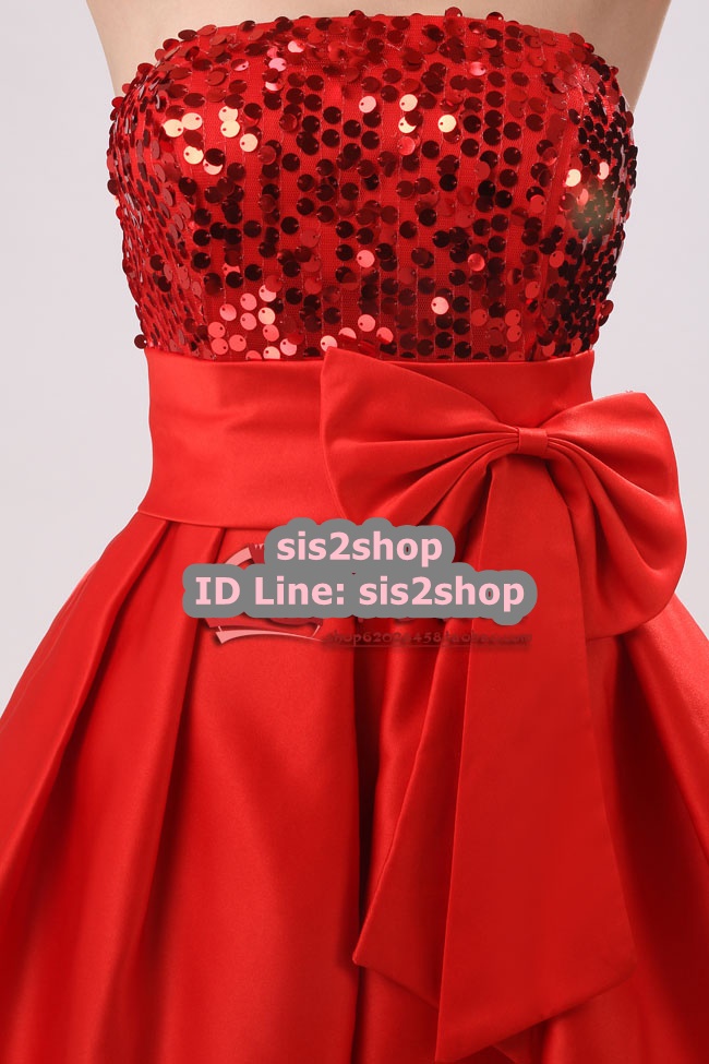 พร้อมส่ง ชุดราตรีสั้น เกาะอก ทรงบอลลูนสีแดง ปักเลื่อมช่วงอก แต่งโบว์ที่เอว