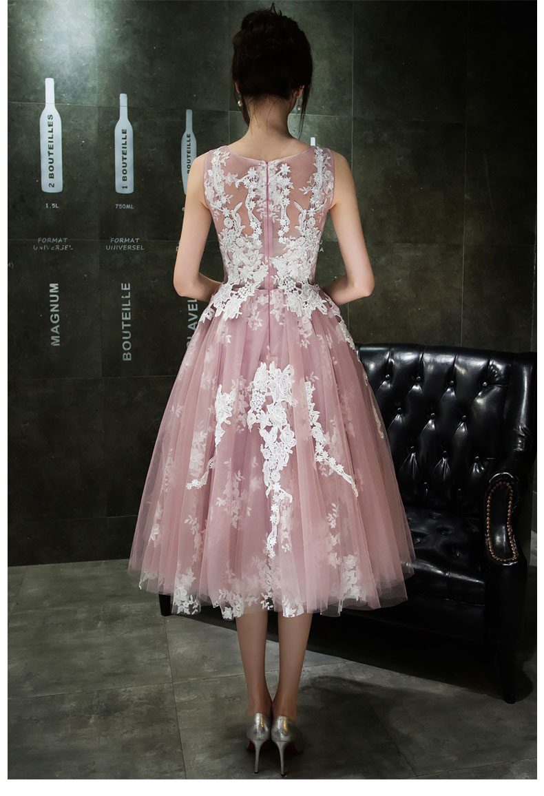 Pre-order ชุดราตรียาว แขนกุด ผ้าตาข่าย แต่งลูกไม้ สีชมพูหวาน มีซิป