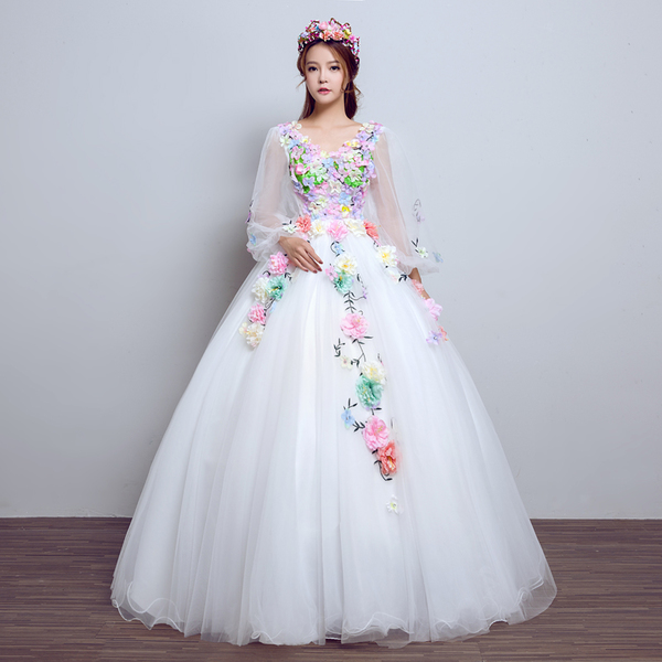 Pro-order ชุดราตรี ชุดแฟนซียาว แขนยาว คอวี ผ้าแก้ว แต่งดอกไม้แฮนด์เมด สไตล์เจ้าหญิง กระโปรงพองสวย เชือกผูกหลัง สวยหรู