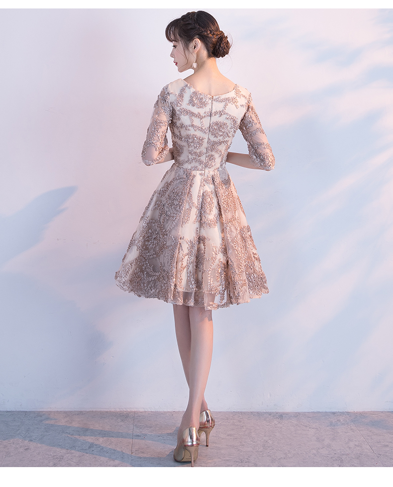 ชุดราตรีสั้นแขนสามส่วนปักดิ้นทั้งตัวเรียบหรู (ซิปหลัง)