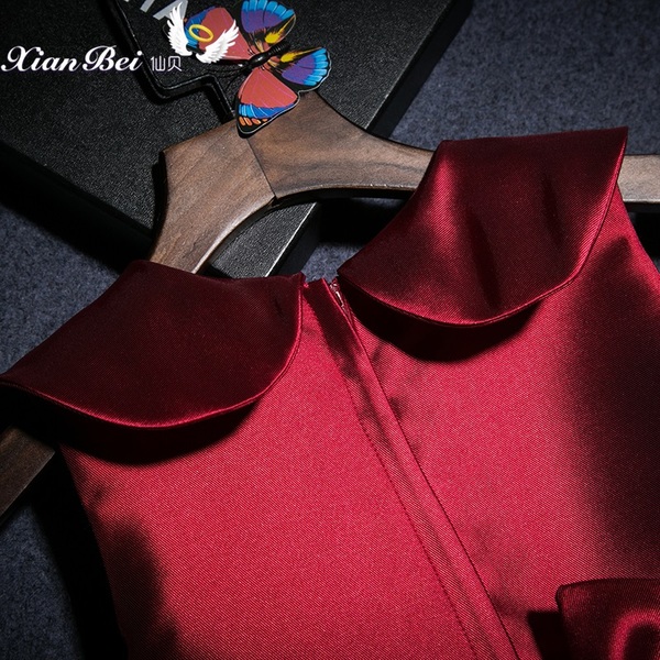 Pre-Order ชุดราตรีเด็ก สไตล์เจ้าหญิง แขนกุด สีไวน์แดง คอปกบัว คาดโบว์ที่เอว ผ้าซาติน