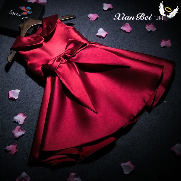 Pre-Order ชุดราตรีเด็ก สไตล์เจ้าหญิง แขนกุด สีไวน์แดง คอปกบัว คาดโบว์ที่เอว ผ้าซาติน