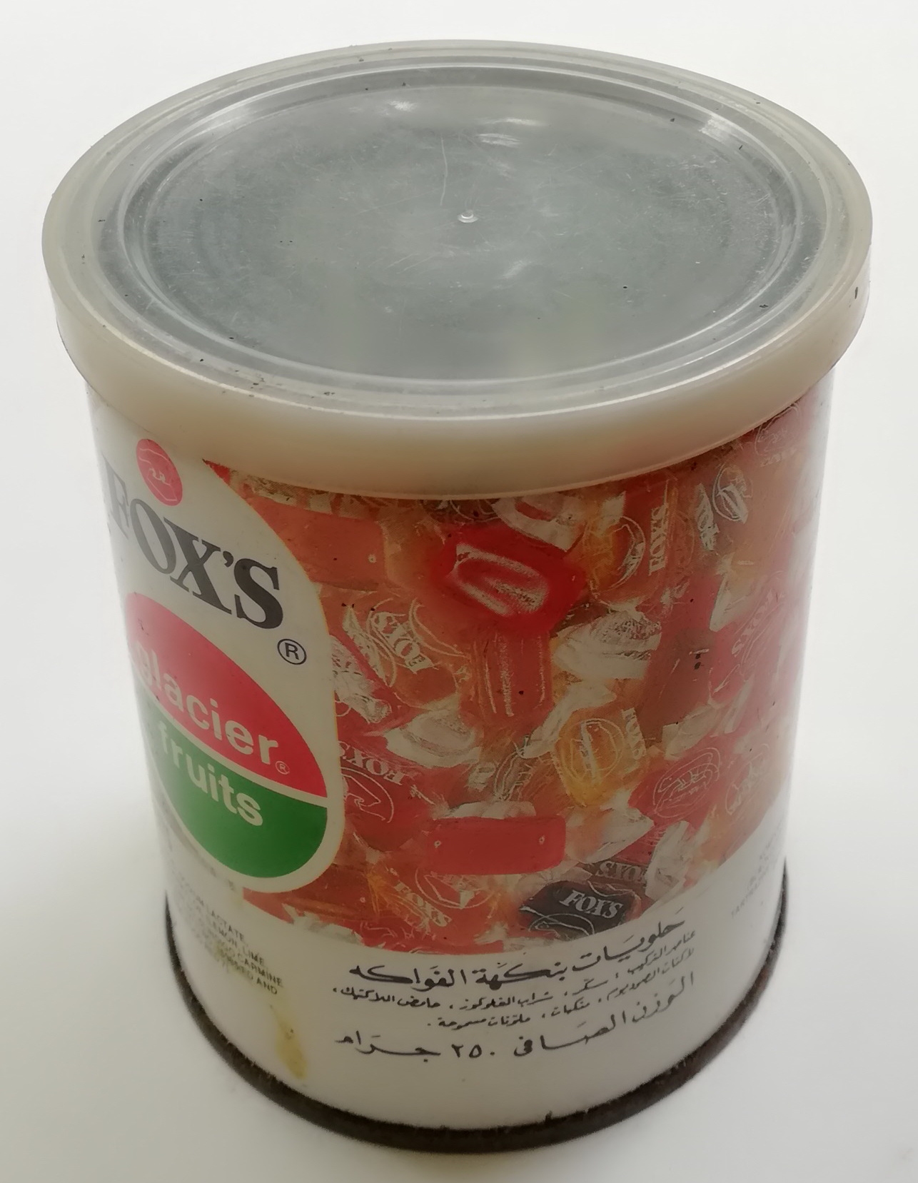 ของสะสม กล่องสังกะสี (กล่องโลหะ) กระป๋องลูกอม ตรา FOX'S glacier fruits,crystal clear sweet ทรงกระบอก เส้นผ่าศุนย์กลางประมาณ 3.5" สูงประมาณ 4.5"