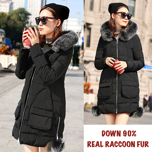 เสื้อโค้ทกันหนาวขนเป็ด มีฮู้ดแต่งเฟอร์แท้ ใส่ติดลบลุยหิมะได้ (12088X)