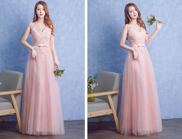 พร้อมส่ง ชุดราตรียาว แขนกุด สีชมพู แต่งลายลูกไม้ ผ้าตาข่าย ข้างในปักเลื่อม สวยหรู เชือกผูกหลัง