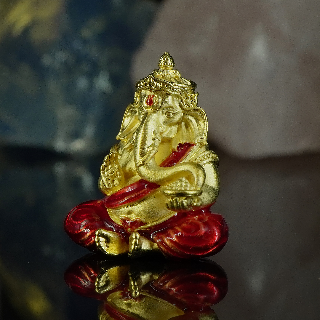 พระพิฆเนศ คณปตินิพลปรฺทา รหัส 1 เนื้อสัมฤทธิ์ชุบทองลงยาแดง