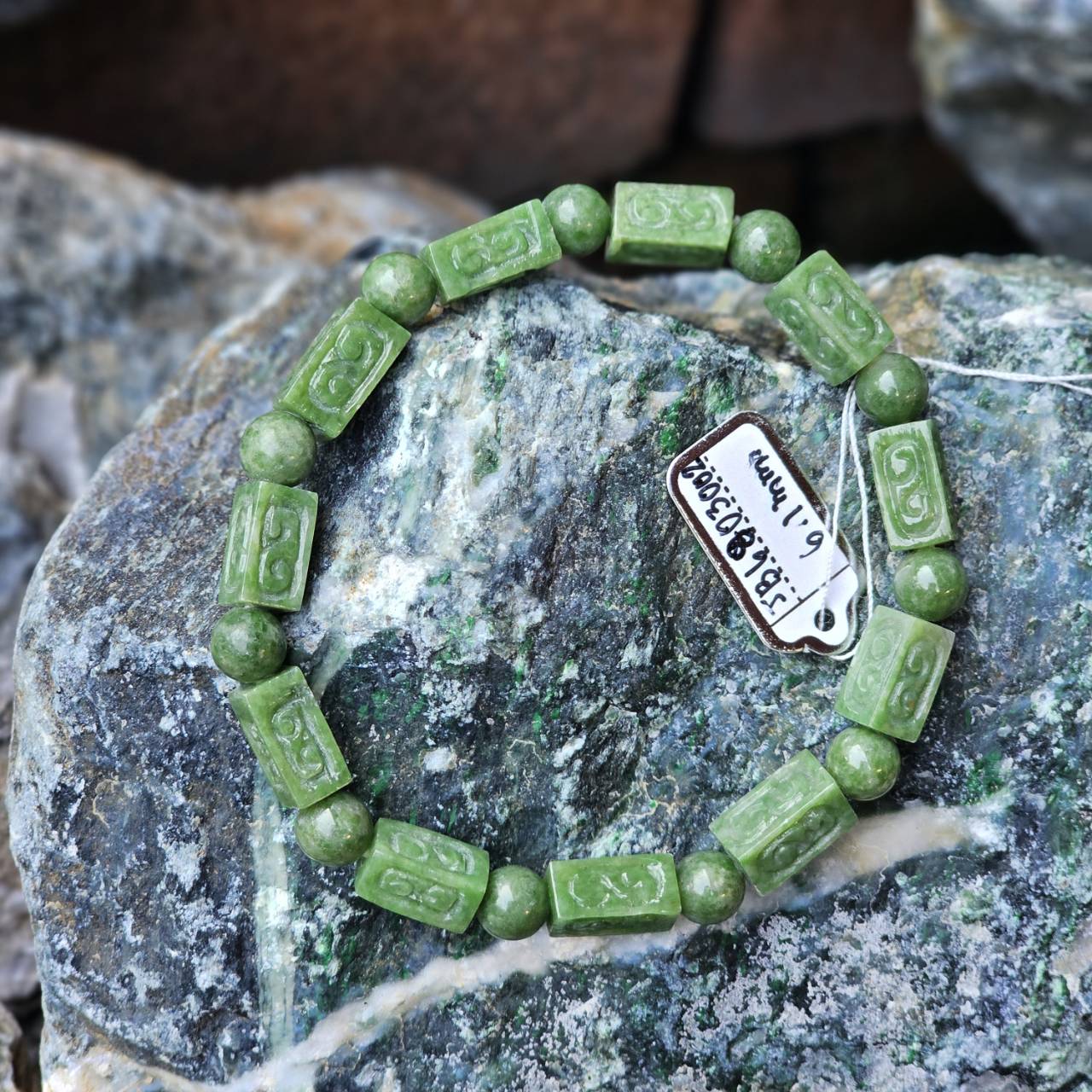 ๋JB6803002 หยก พม่า แท้ Jade กำไล ประคำหยกแกะสลัก 6.1 มม. (Jadeite Beads Bracelet) พม่า (Myanmar)