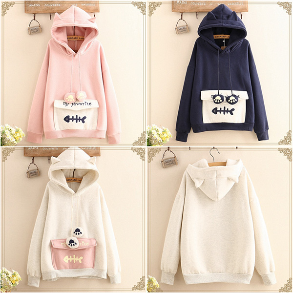 เสื้อสเวตเตอร์กันหนาว เสื้อฮู้ดแต่งหูแมวมีกระเป๋าใหญ่น่ารัก (12338LM)