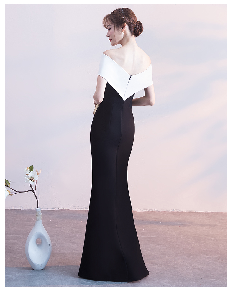 ชุดราตรียาวแบบไหล่ปาดสีทูโทน ทรงเข้ารูป แบบเก๋ (ซิปหลัง)