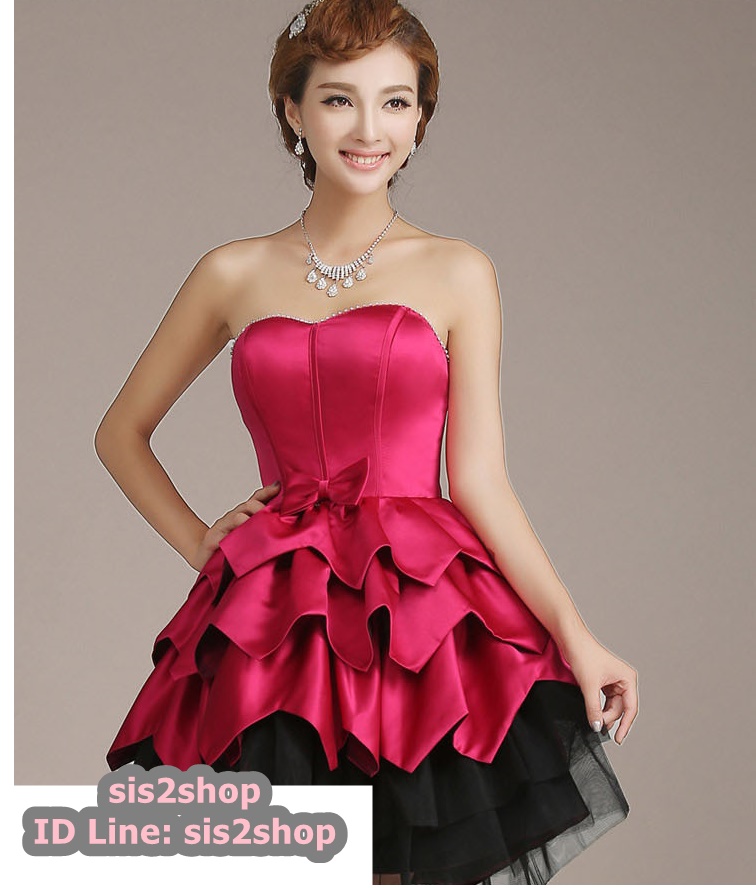 พร้อมเช่า ชุดแฟนซี ชุดราตรีสั้น เกาะอก แต่งเพชรช่วงอก กระโปรงทรงบอลลูน สีชมพู ดำ