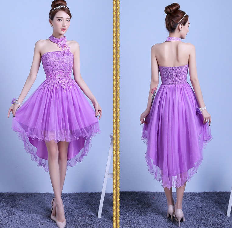 พร้อมส่ง ชุดราตรีสั้น เพื่อนเจ้าสาว สีม่วง กระโปรงตาข่ายแบบเกาะอก หน้าสั้นหลังยาว พร้อมสร้อยคอลายลูกไม้ ถอดแยกได้ ซิปข้างลำตัว (จับสม๊อกด้านหลัง) ** เหลือเฉพาะไซส์เล็ก **