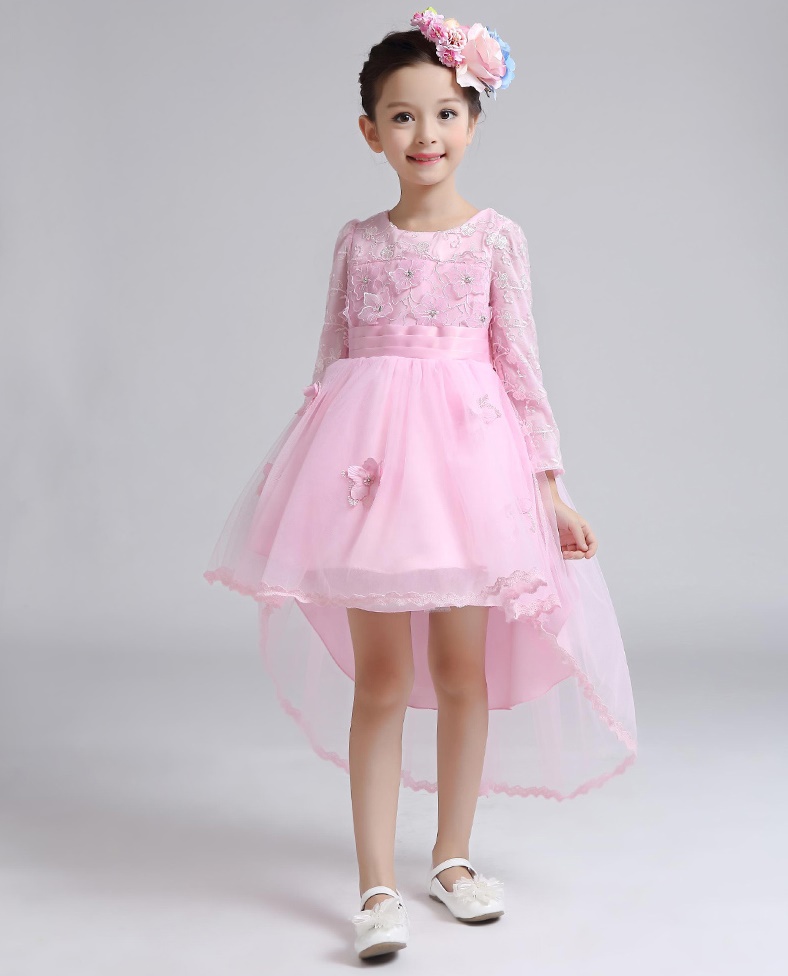 Pre-order ชุดราตรีเด็ก หน้าสั้นหลังยาว แขนยาว ผ้าลูกไม้ กระโปรงตาข่าย ปักเลื่อม แต่งดอกไม้ แต่งโบว์ ซิปหลัง