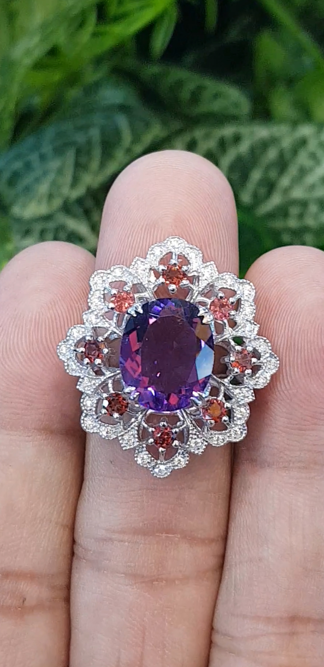 แหวน พลอย อเมทิส Amethyst Silver Ring (Size) 56 ตัวเรือนเงิน ชุบทองคำขาว/โรเดียม ประดับด้วยเพทาย เพชร CZ