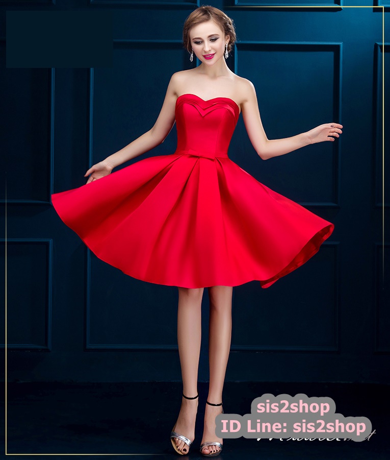 พร้อมส่ง ชุดราตรีสั้น เกาะอกแบบ Sweet Heart สไตล์วินเทจผ้าไหมดัชเชส กระโปรงทรงA แต่งโบว์ช่วงเอว สีแดง (เชือกผูกหลัง)