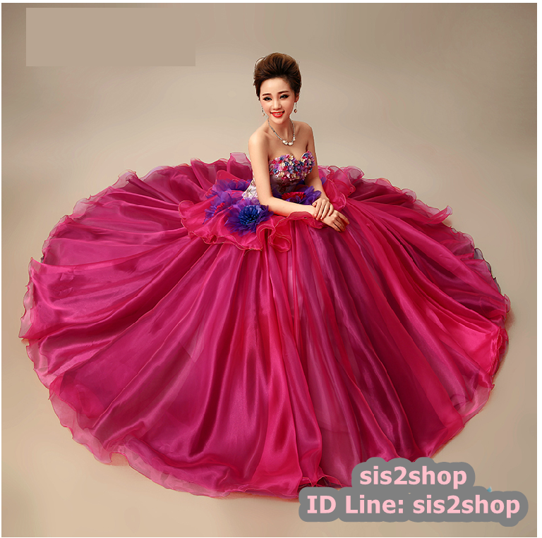 พร้อมเช่า ชุดแฟนซี ชุดราตรียาว แบบเกาะอก กระโปรงพองสวยสีม่วง แต่งดอก (เชือกผูกหลัง)