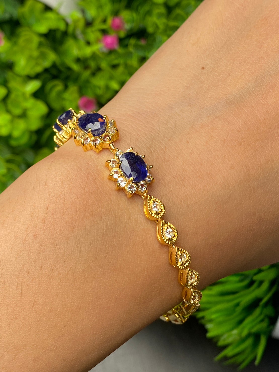 สร้อยข้อมือ พลอยแท้ ไพลิน Blue Sapphire Bracelet 14 กะรัต 5 เม็ด พลอยแท้ อัญมณีมงคลประจําวันเกิด เครื่องประดับพลอย