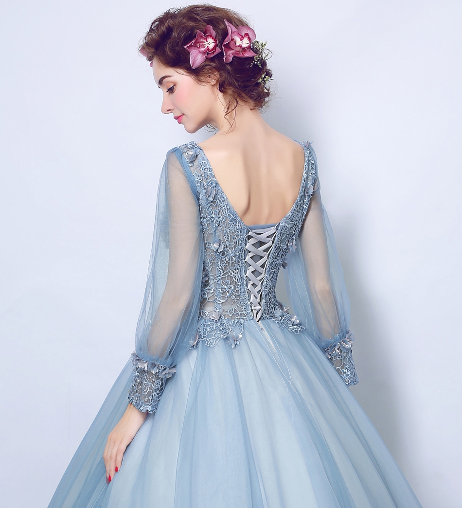 Pre-order ชุดแฟนซี ชุดเจ้าสาว ชุดราตรียาว สีฟ้า แขนยาว คอวี แต่งดอกไม้ช่วงบน ซีทรู กระโปรงตาข่าย เชือกผูกหลัง