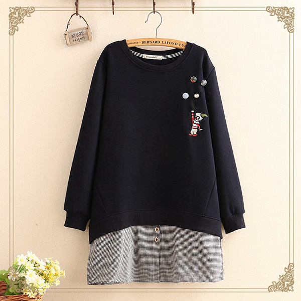 เสื้อสเวตเตอร์กันหนาวปักลายวินเทจ ซับกำมะหยี่เต็มตัว (12255LM)