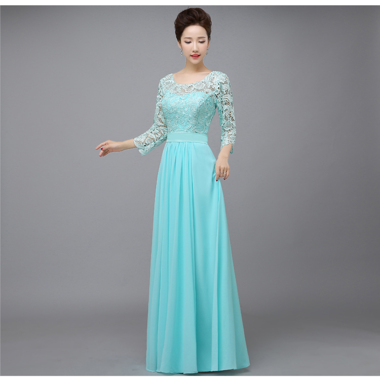 Pro-order ชุดราตรียาว แขนยาว แต่งผ้าลูกไม้ฉลุ ช่วงบน ผ้าซาตินคาดเอว กระโปรงชีฟอง ซิปหลัง ไซส์ใหญ่ XS-4XL