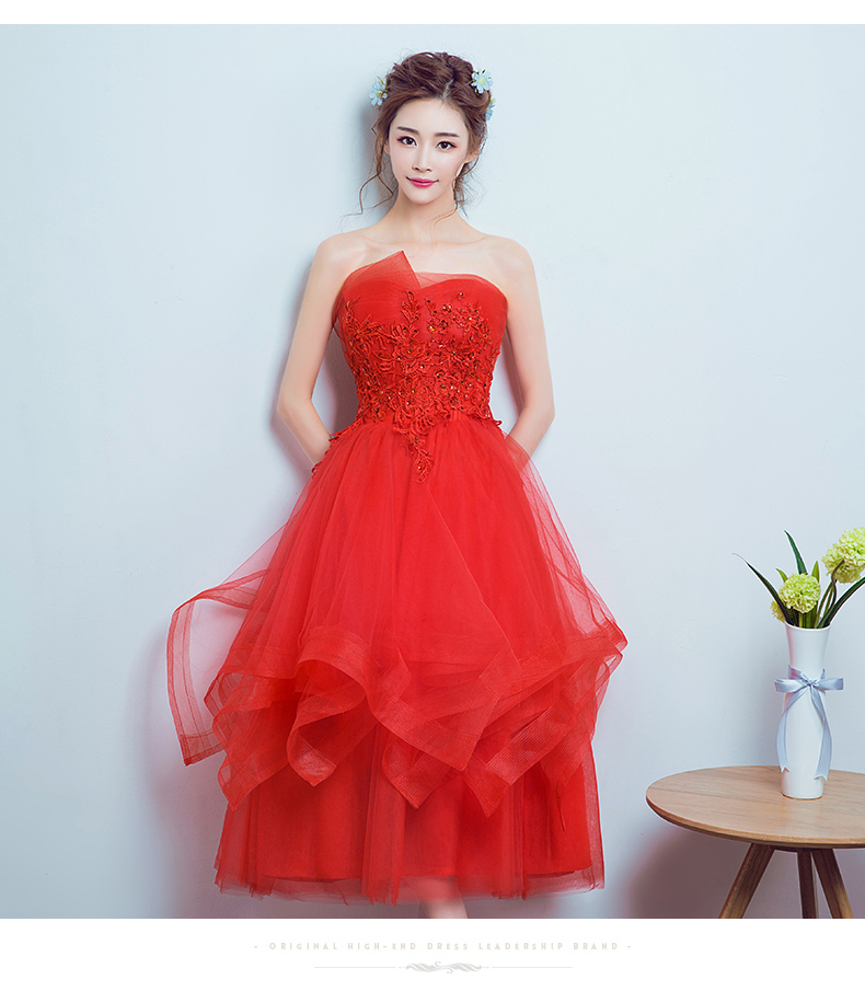 Pre-order ชุดราตรียาว เกาะอก จับเดรป สีแดง กระโปรงตาข่าย อกแต่ง ลูกไม้ ปักเลื่อม เชือกผูกหลัง