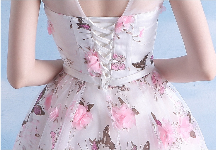 Pre-order ชุดราตรีสั้น ชุดเพื่อนเจ้าสาว ตกแต่งด้วยลายดอกไม้ทั้งชุด กระโปรงผ้าแก้ว สีชมพู สีครีมแชมเปญ สีม่วง (เชือกผูกหลัง)