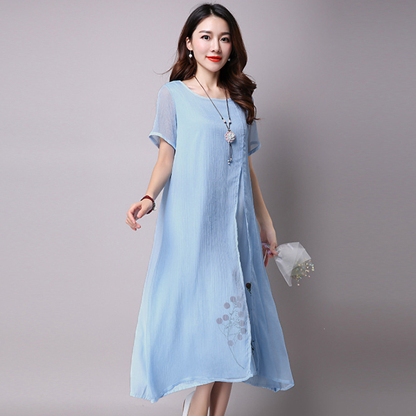 เดรสยาวแฟชั่นวินเทจ ผ้าทอพิมพ์ลาย ชายพริ้วสวย (11809M)