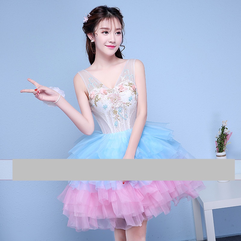 Pre-orderชุดแฟนซีชุดราตรีสั้นแขนกุดซีทรูและแต่งดอกไม้ช่วงอกกระโปรงพองสวย