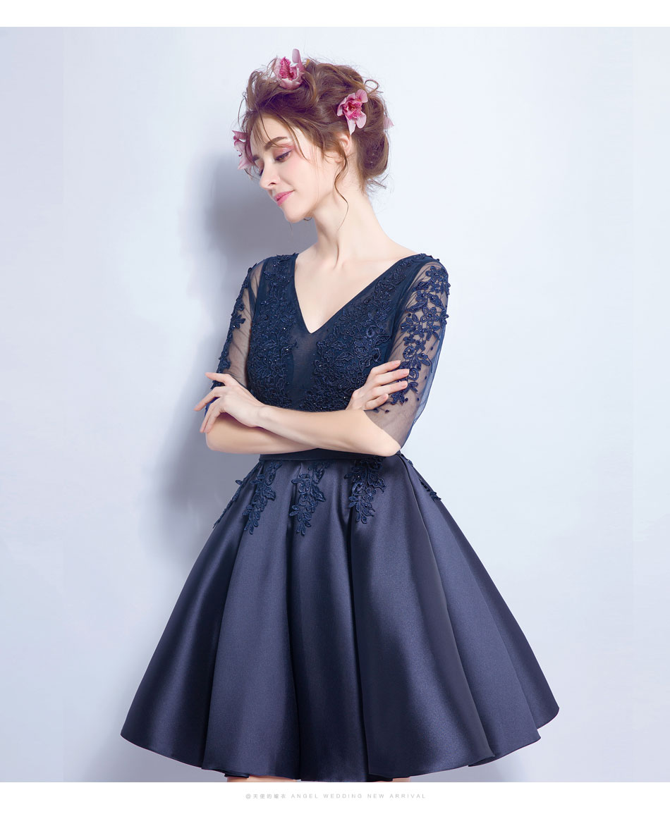 Pre-order ชุดแฟนซี ชุดเจ้าสาว ชุดราตรีสั้น สีกรมท่า คอวี แขนสั้น ซีทรู แต่งผ้าลูกไม้ ซิปหลัง