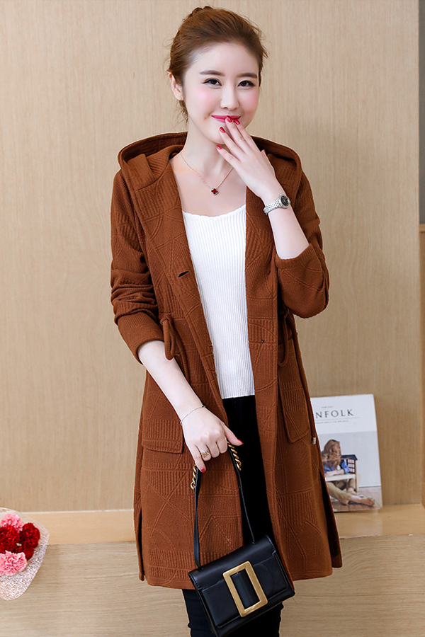 คาร์ดิแกน เสื้อคลุมกันหนาวตัวยาว มีฮู้ด แต่งกระเป๋าคู่ (12051B)