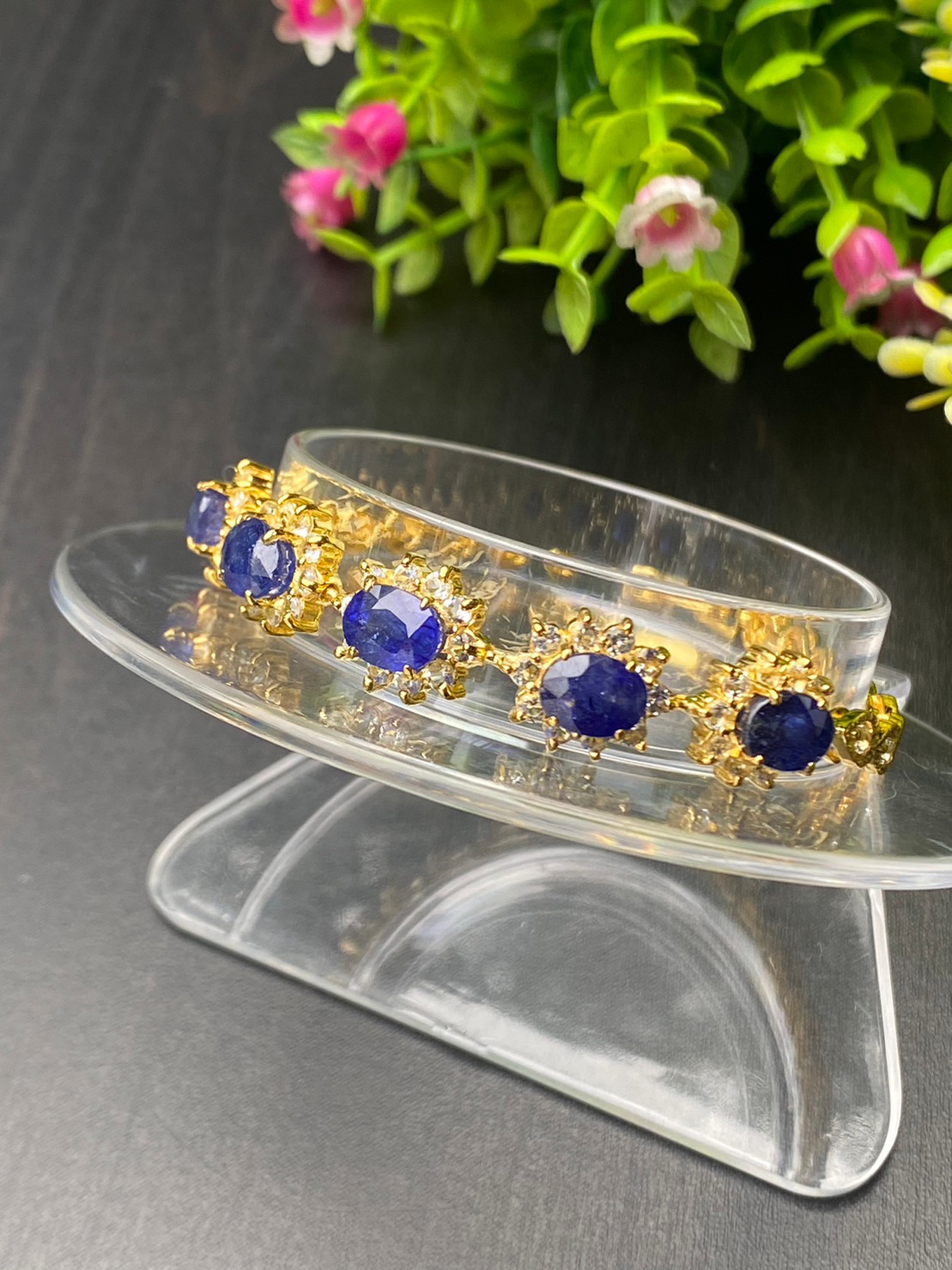 สร้อยข้อมือ พลอยแท้ ไพลิน Blue Sapphire Bracelet 14 กะรัต 5 เม็ด พลอยแท้ อัญมณีมงคลประจําวันเกิด เครื่องประดับพลอย