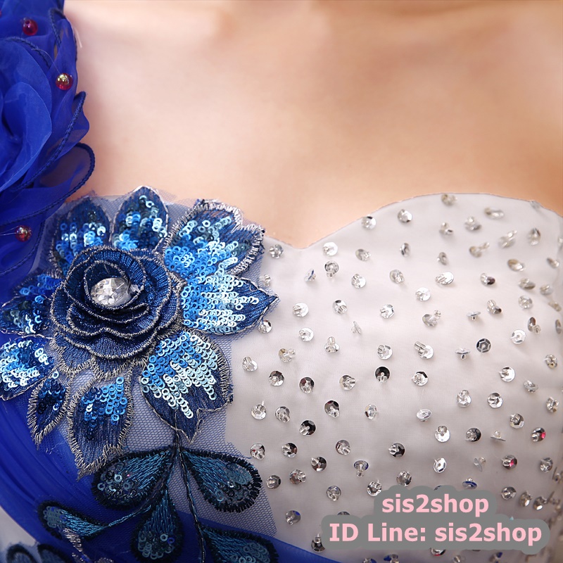 พร้อมเช่า ชุดแฟนซี ชุดราตรียาว เกาะอก ไหล่เดียว สีน้ำเงิน