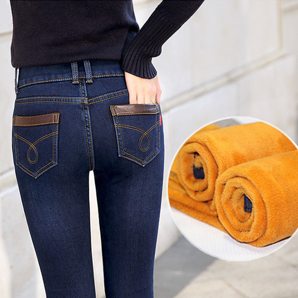 กางเกงยีนส์กันหนาว ทรงสลิม ซับกำมะหยี่ กระเป๋าแต่งหนัง (11660X)