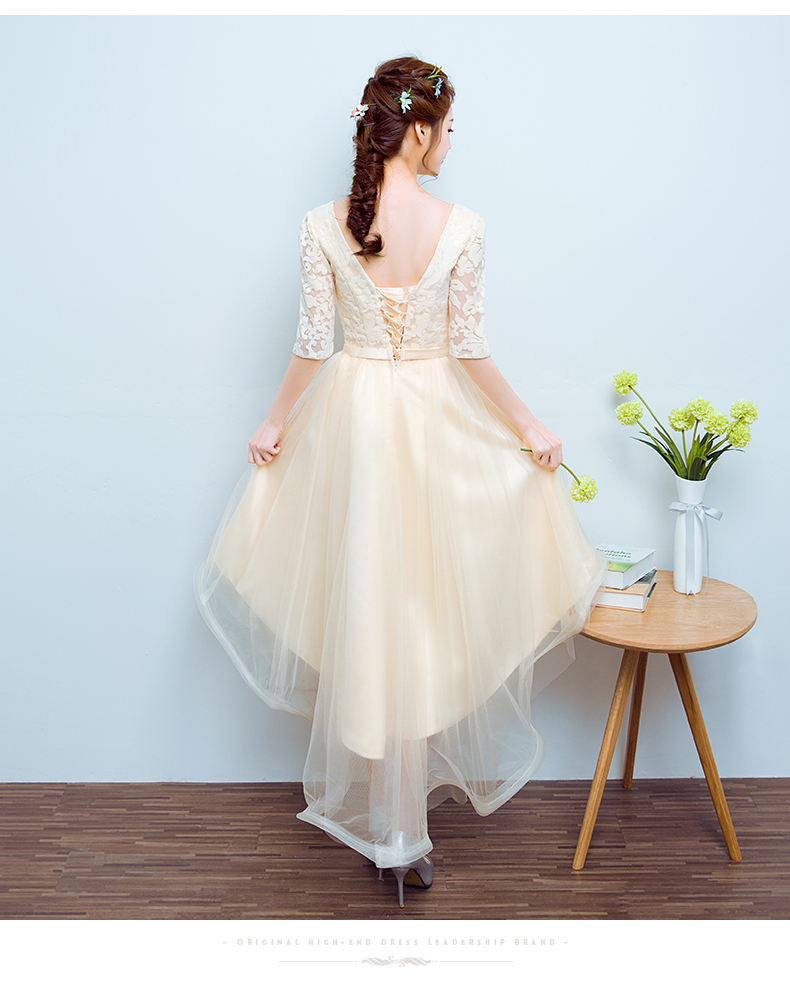 Pre-order ชุดราตรีสั้น แขนสามส่วน สีแชมเปญ สวยหวาน กระโปรงตาข่าย หน้าสั้นหลังยาว อกแต่งลูกไม้ แต่งโบว์ช่วงเอว เชือกผูกหลัง