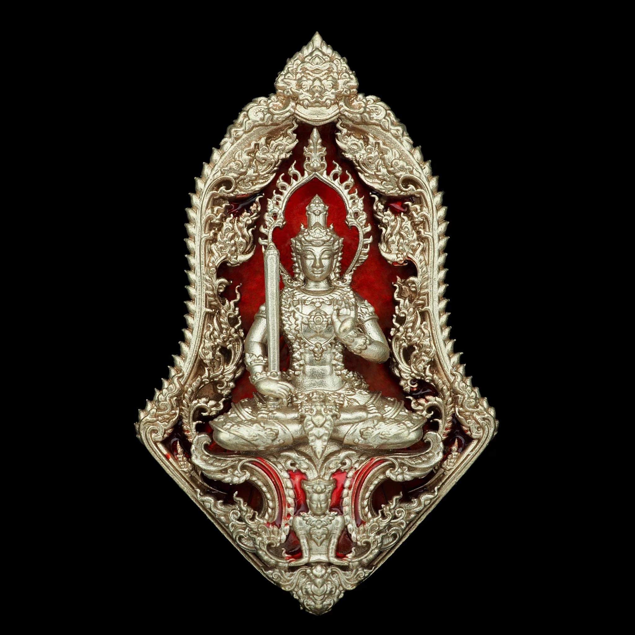 เหรียญพระไพศรพณ์ (ท้าวเวสสุวรรณ) รุ่นประทานพร รหัส 6 เนื้อไวท์บรอนซ์ลงยาแดง