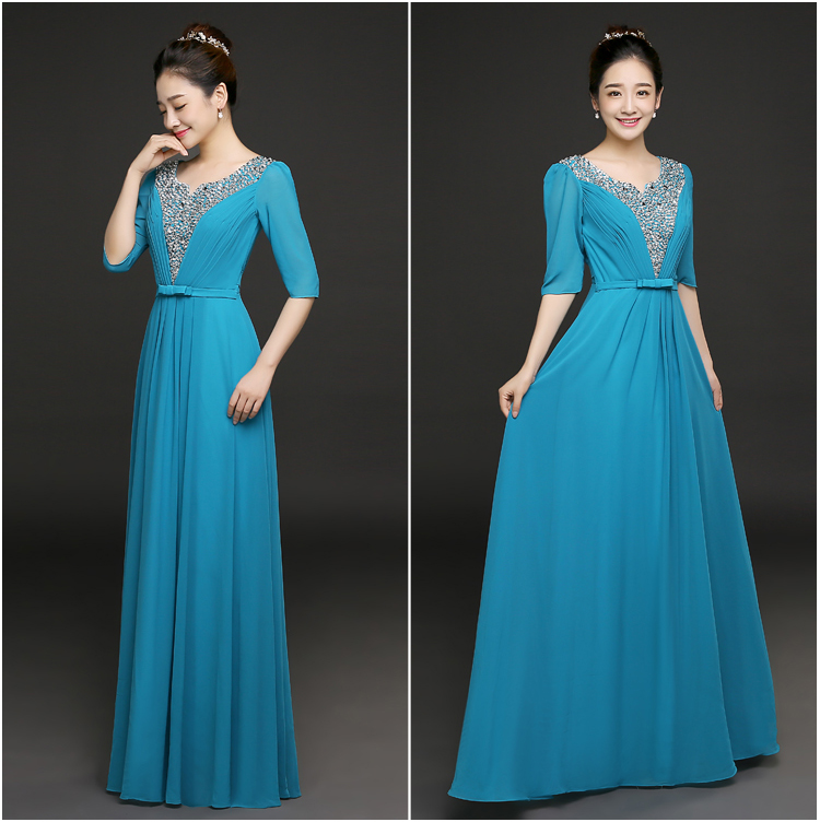 Pro-order ชุดราตรียาว แขน3ส่วน ผ้าชีฟอง ปักเลื่อม ซิปหลัง ไซส์ใหญ่ XS-4XL สำเนา