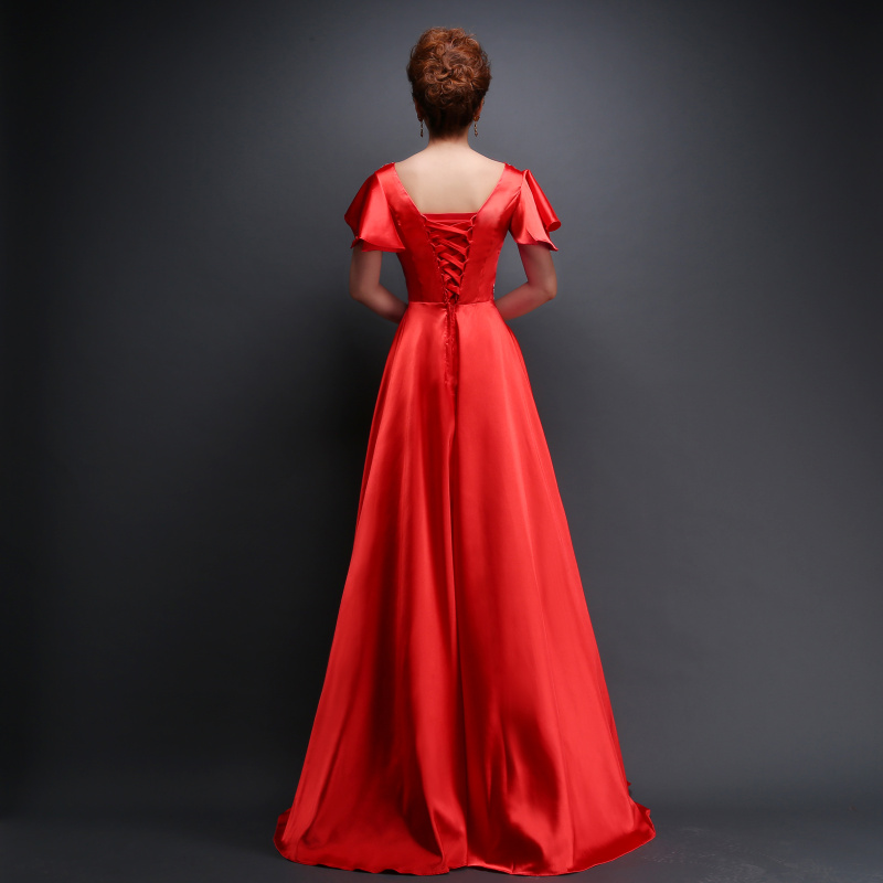 พร้อมส่ง ชุดราตรียาว แบบแขนสั้น ผ้าซาตินสวยสง่า อกจับจีบปักเลื่อมช่วงอก-เอว สีฟ้า (เชือกผูกหลัง)