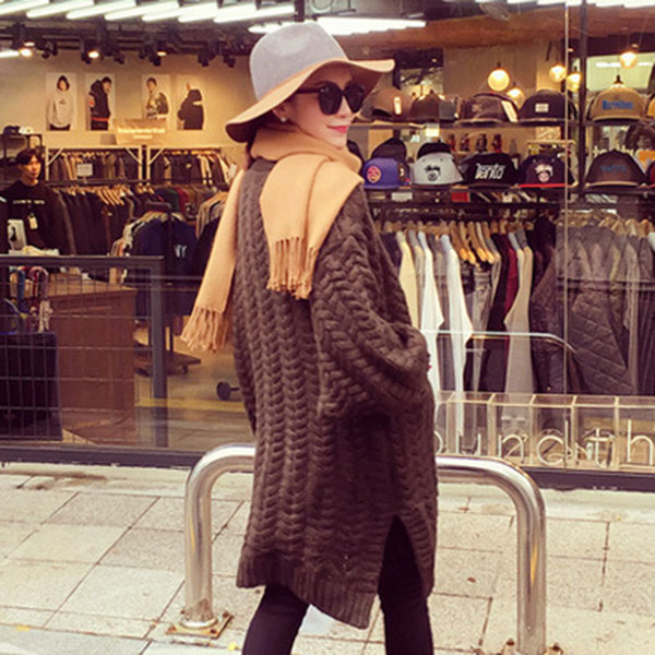 เสื้อโค้ทกันหนาวไหมพรมกึ่งวูลหนานุ่ม แต่งกระเป๋าคู่ (11986B)